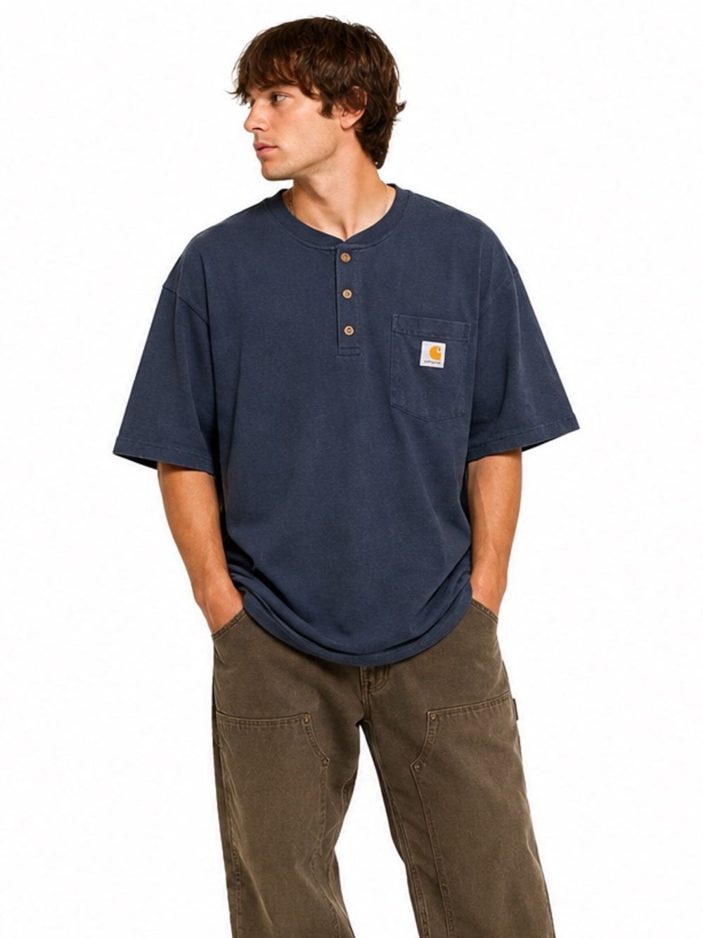 Carhartt 3XL Tall Navy Loose Fit Henley Pocket T-Shirt Workwear Oversized